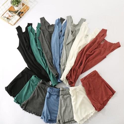 Summer Womens Home Set Threaded Solid Color Tank Top Shorts Elastic Pajamas Suit Pijama Mujer Cotton Sleepwear Female