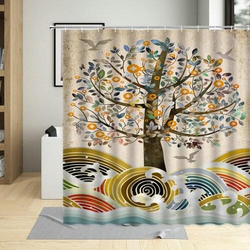 Creative Retro Art Shower Curtains Tree Plant Wave Bathroom Decor Colorful Tree Curtain Waterproof With Hooks Polyester Fabric