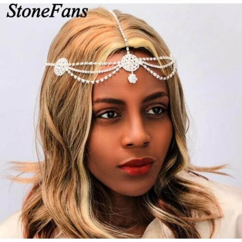 Stonefans Round Rhinestone Bridal Headband Forehead Jewelry for Women Wedding Headpiece Chain Flower Crystal Hair Accessories