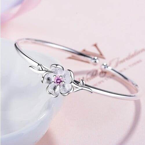 Trendy Cute Romantic Flower Cuff Bracelet Simple Style Thin Tiny Pink Sakura Cherry Blossom Opening Bracelet Accessory For Women