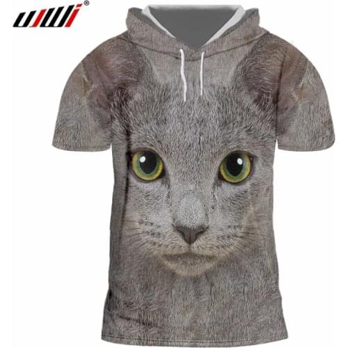 UJWI Mens Large Size 5XL Cat Pattern 3D Printed Hooded Tshirt Horrible Green Black Stitching Eyes Animal T Shirt
