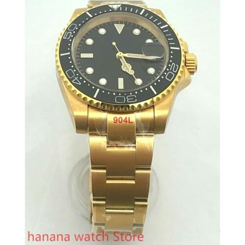 BLIGER Automatic Mens Case Watch Sapphire Glass Rotating Bezel Pearl Movement Steel Band 904 Stainless Steel Gold Bracelet