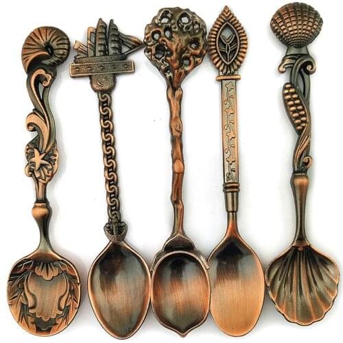 5 Pcs Spoon Set Kitchen Dining Vintage Bronze Carved Flatware Cutlery Mini Dessert Soup Cake Ice Cream Birthday Gift Wholesale