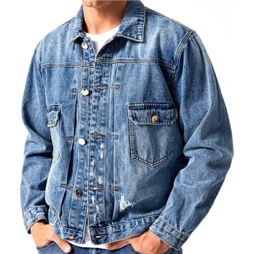 Fall/Winter Denim Jacket Slim Jacket Cut Hole Blue Denim Jacket Casual European and American Trendy Mens New 2020
