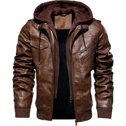 Autumn Winter Mens Leather Motorcycle Jacket PU Hooded Jacket Warm PU Baseball Jacket Large Size 4XL Mens Brown Leather Jacket