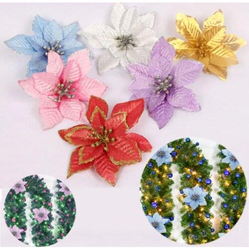 5PCS/Lot Christmas Garland 13cm Glitter DIY New Xmas Trees Ornament Wedding Decor Hot Sale Hanging Artificial Flower