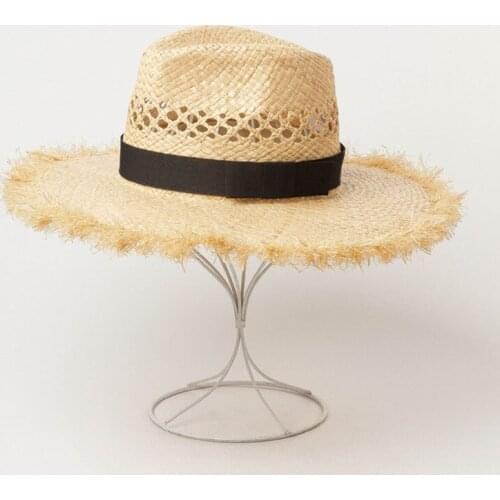 Elegant Fringed Trimed Wide Brim Raffia Straw Hat Chic Breathable Hollow Out Sun Hat for Women Natural Beach Hat Summer Jazz Cap