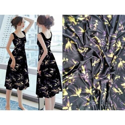 Fabric Flowers Violet Printed Patchwork Cheongsam 19mm Silk Satin Fabric For Silk Dress 97% Silk 3% Spandex Tissus Au Metre