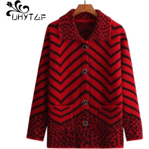 UHYTGF Knitted Cardigan Women Autumn Sweater Coat Fashion Hippocampus Warm Sweater Female Stripe Casual 4XL Plus Size Jacket 750
