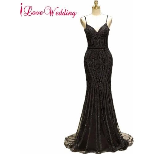 In Stock Black Sequin Formal Evening Dress V Neck Spaghetti Straps Trumpet Vestido de festa longo Evening Dresses Long