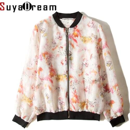 Women Jacket 50%Mulberry Silk 50%Linen Casual Zipper Floral Printed Jackets 2018 Fall Winter New Outwear