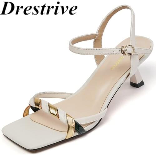 Drestrive Women Sandals Full Genuine Leather Square Toe Buckle Mixed Colors 2021 Summer Thin High Heel Shoes Big Size 42