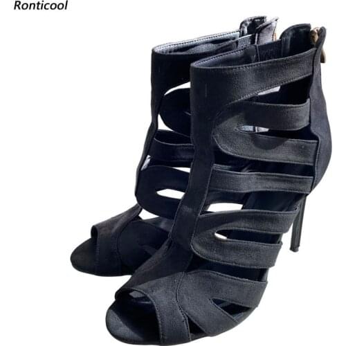 Ronticool 2021 Handmade Women Summer Hollow Sandals Back Zipper Stiletto High Heels Open toe Black Party Shoes US Size 5-15