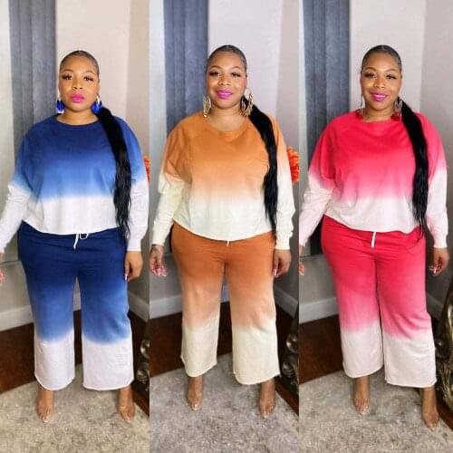 Womens Two Piece Set Women Plus Size Long Sleeve Round Neck Large Size Loose Gradient Printed 2 Piece Sets Suit 4XL 5XL
