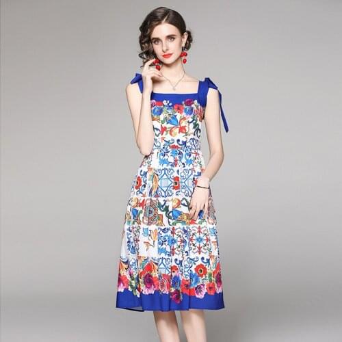 2021 New Summer Fashion Temperament Vestidos Womens Square Collar Printed Lace Suspender Midi Dress DF360