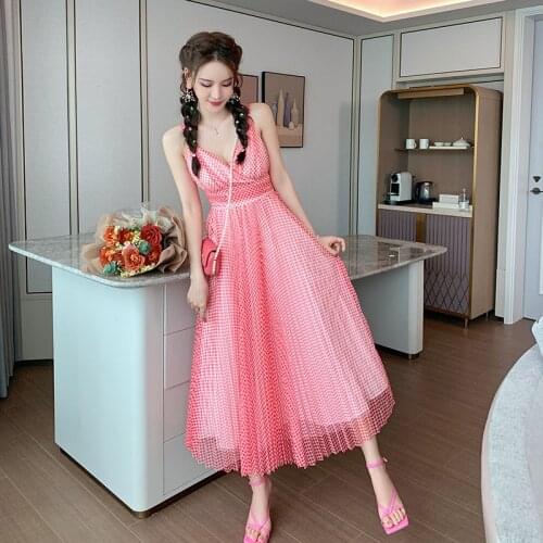 Print Polka Dot Sweet Summer Dresses Ladies 2021 V-neck Ruched Sexy Mesh Dress for Women A Line Pleated Long Party Dress Woman