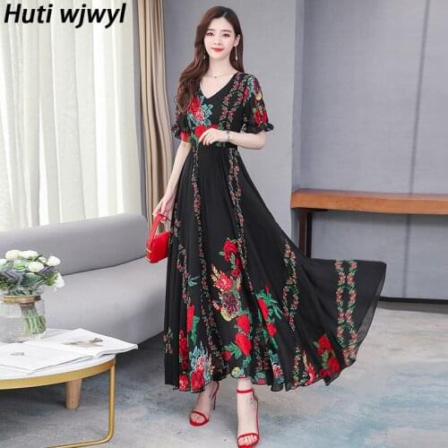 4XL Plus Size Summer Vintage Boho Beach Maxi Dress Women Party Bodycon Vestido 2021 Elegant Print Floral Chiffon Casual Sundress
