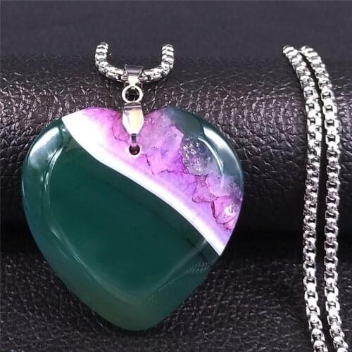 2021 Green Natural Stone Stainless Steel Chain Necklace for Women Silver Color Heart Choker Necklace Jewelry joyeria NG56S04