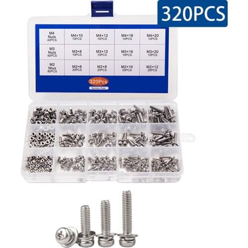320PCS/Box M2 M3 M4 Screws Phillips Pan Head Screws Bolt With Nut Flat Lock Washers Machine Screws Set Assortment Kit M2x6 M3x8