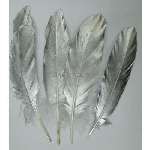 Silver Painted Goose Satinettes Feathers Craft Supplies Feathers for jewelry making, hair pieces&bridal creations 13-20cm 50pcs