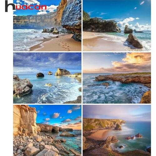 Huacan Diy Diamond Painting Seaside Scenery Home Decor Embroidery Cross Stitch Beach Stone Mosaic Wall Stickers