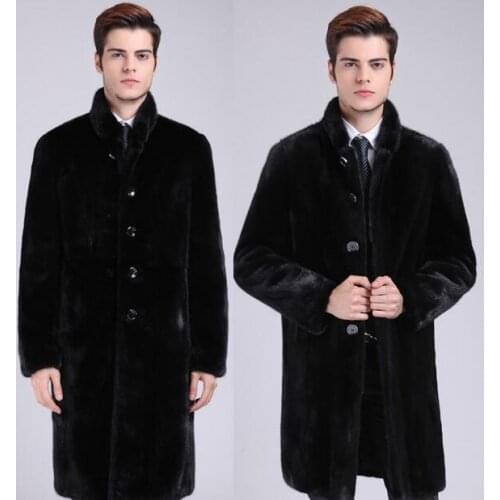 Black thicken stand collar fashion warm faux Mink fur coat mens leather jacket men long coats slim winter thermal outerwear