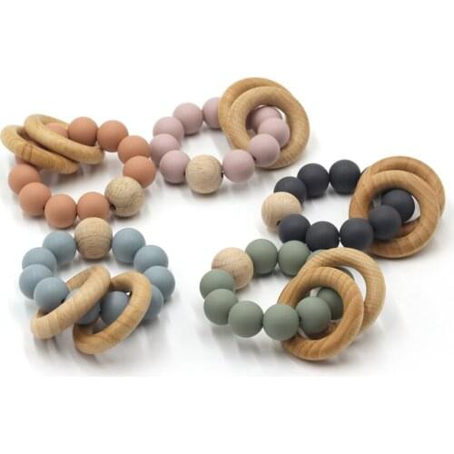 Baby Silicone Nursing Bracelets Wooden Teether Silicone Teething Wood Rattles Toys Baby Teether Bracelets Nursing Toys Gift