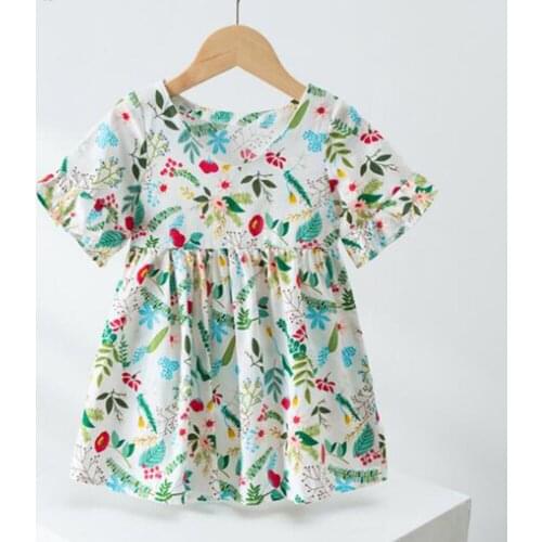 New Arrival Flower Girl Dresses V-Neck Flare Sleeve Leaf Print Kids Clothes Casual Children Holiday Costume