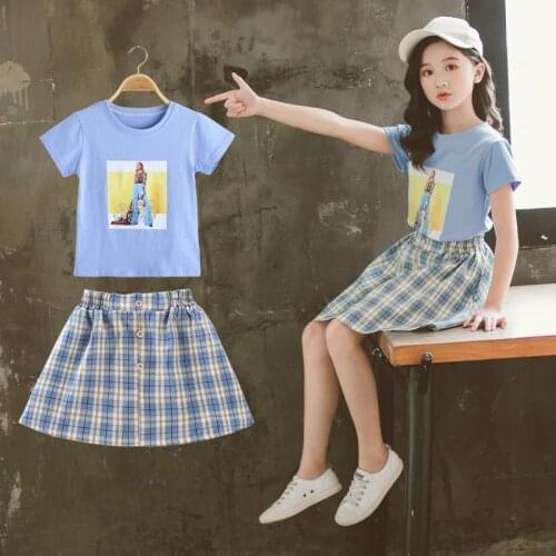 Children Summer Clothes Girls Plaid Skirt Shorts + Cartoon T shirt 2pcs Sets Kids Comfortable Casual Outfit teenage leisurewear