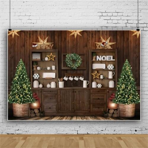 Laeacco Rural Wood House Merry Christmas XMAS Tree Wooden Shelf Tree Party Child Baby Photozone Photo Background Photo Backdrops