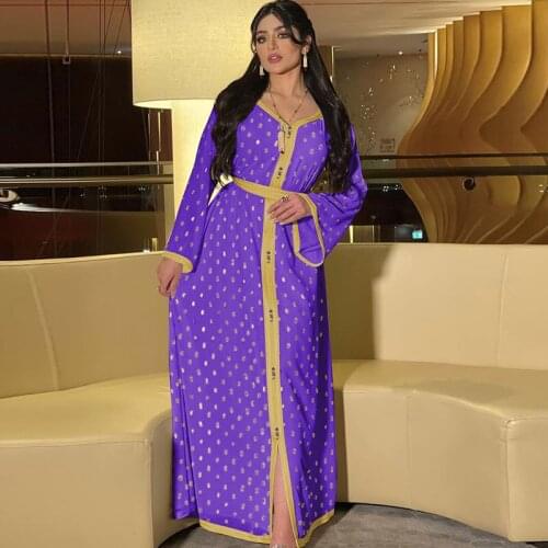 Fashion Muslim Dubai Abaya Dress for Women Purple Polka Dot Gold Arabic Robe Djellaba Femme Islamic Moroccan Kaftan Clothing