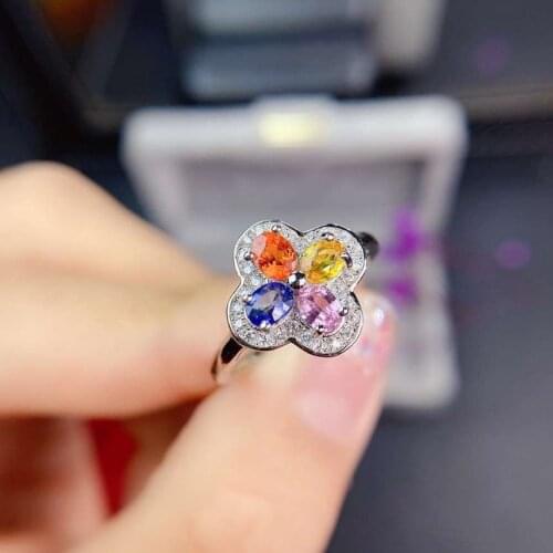 Fashion cute Clover S925 silver natural Multicolor sapphire gem ring natural gemstone ring woman girl weddings gift jewelry