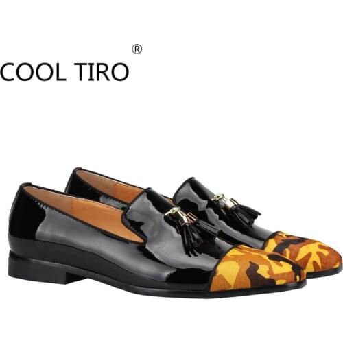 COOL TIRO Mens Patent leather Square Toe Leopard horse hair Slip on Loafers Dress shoes with tassel Moccasins sliders Slippers