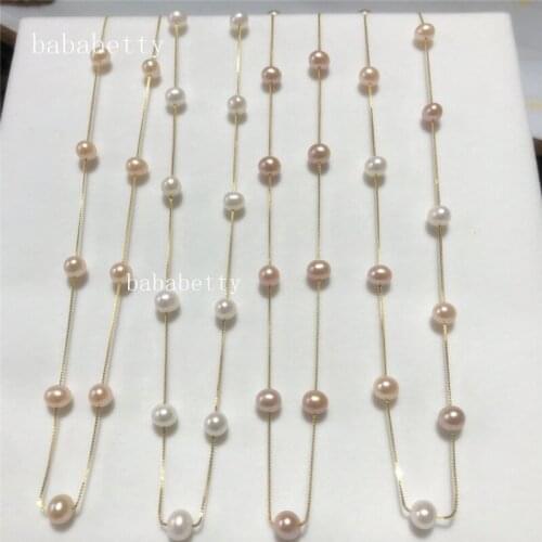 New Natural Freshwater AAA White pink purple multicolor 6-7MM Nearly circular Pearl Necklace