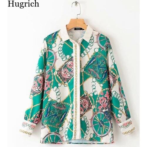 Newest Women Boho Chain Pattern Blouse Long Sleeve Turn Down Collar Side Split Female Casual Shirts Stylish Tops