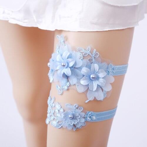 NEW Wedding Garters Blue Rhinestone Embroidery Flower Sexy Garters for Women/Bride New Thigh Ring Bridal Leg Garter