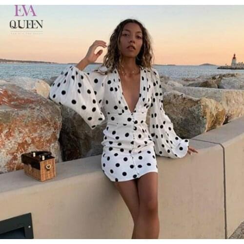 EvaQueen Polka Dot Ruffle Autumn Mini Dress Women Puff Sleeve Zippered Bodycon Dresses Backless High Waist Sexy Party Vestidos