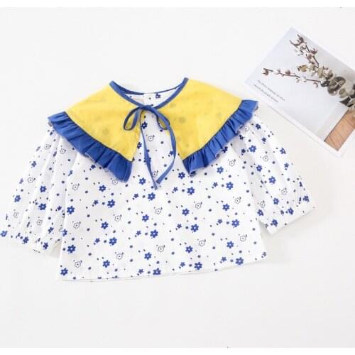 2 3 4 5 6 Years Toddler Girls Shirts Fashion Korean Lapel Tops for Girl Kids Clothing Flower Print Long Sleeve Children Shirts