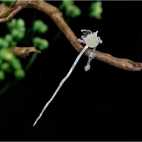 925 Sterling Silver Hair Stick Jade Flower Butterfly Tassels Hanfu Accessories For Women Chinese Hairstick Vintage Hair Jewelry