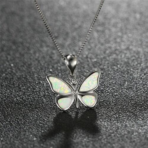 Luxury Female Butterfly Long Pendant Necklace Boho White Blue Opal Chain Necklaces For Women Cute Silver Color Wedding Jewelry