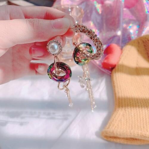 Luxury Flower Crystal Long Tassel Dangle Earrings for Women Exaggerate Asymmetric Fashion Jewelry Gift for Girl