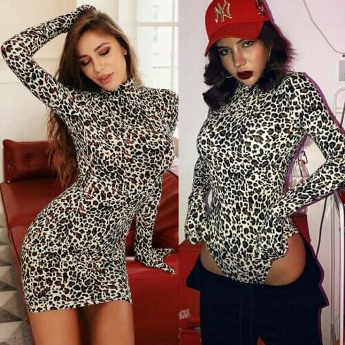 Sexy Women Bodycon Leopard Print Skinny Mini Dress Long Sleeve Leopard Bodysuit Slim Fit Party Clubwear Dress Turtleneck Dress