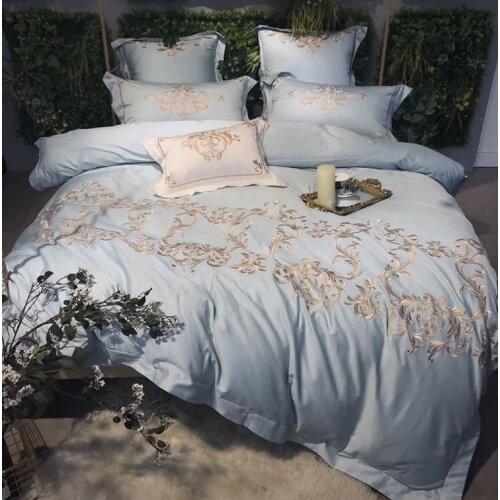 Blue 100S Egyptian Cotton Luxury Royal Embroidery Bedding Set 4/6pcs King Queen Wedding Bed Sheet Cover set Duvet Cover golden