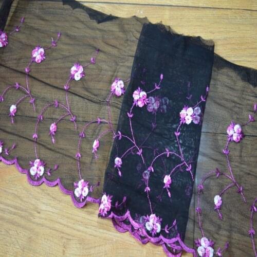 2yds/lot)black organza Rose-carmine floral Embroidery Hight quality lace fabrics embroidered lace trim 1731115