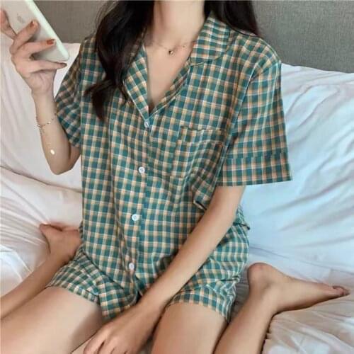 Plaid Home Suit Korean Sleepwear Set Summer Short Sleeve Women Pajamas Japanese Plus Size Two Piece Pyjama Dropshipping