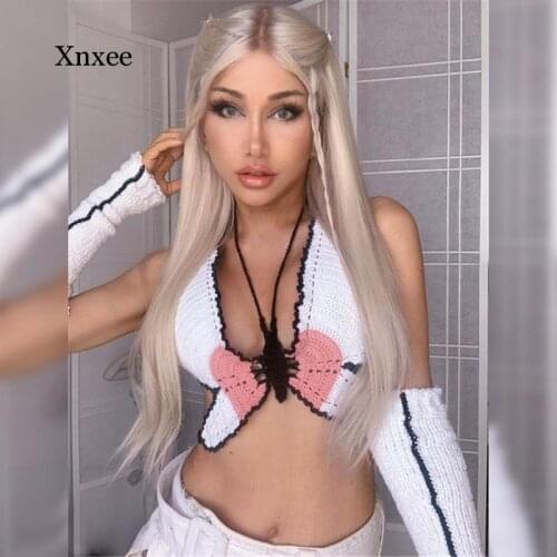 Y2K Butterfly Lace Up Knitted Vest Sexy Women Halter Crop Top Bandage Sleeveless Fashion Beach Summer Fashion Party Camisole Tee