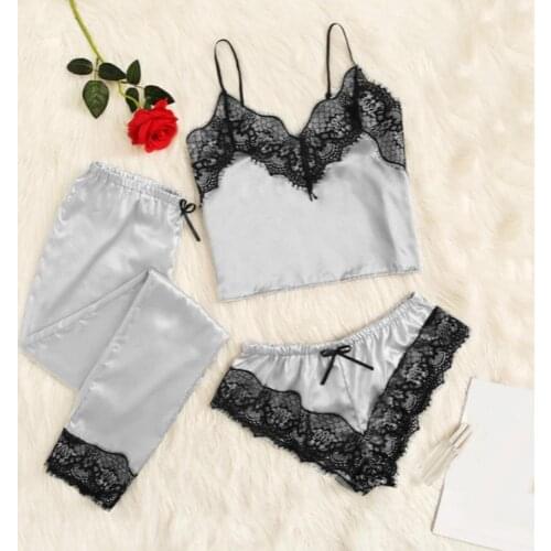 Women Sexy Lace Patchwork Sleepwear Set Spaghetti Straps Camisole Shorts Pants
