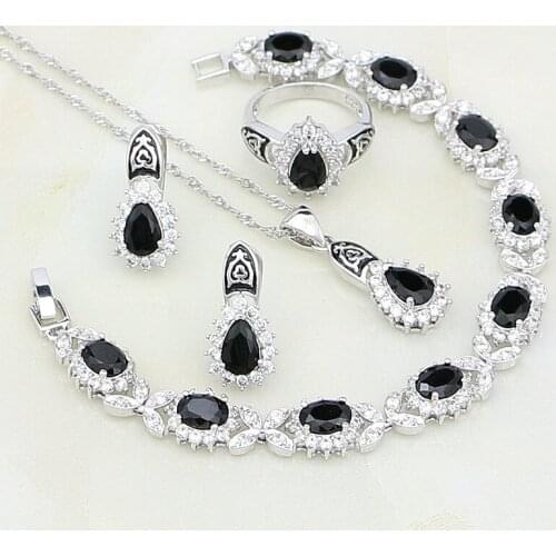 Black Paint Rhinestone White CZ 925 Sterling Silver Jewelry Sets For Women Party Stud Earring/Pendant/Necklace/Bracelet/Ring