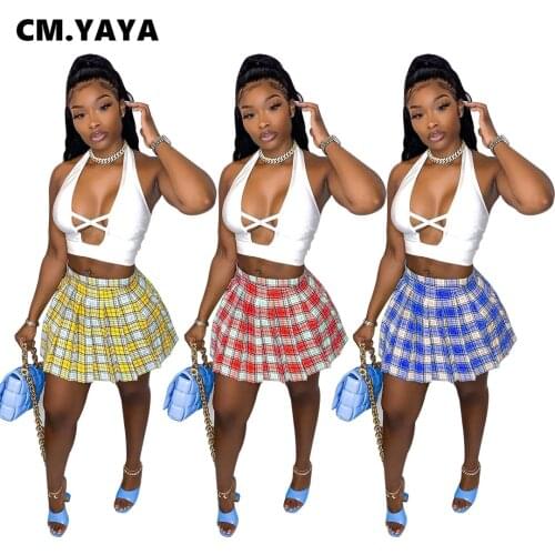 CM.YAYA Women Skirts Set Solid Sleeveless Halter Chest Hollow Out Crop Tops Plaid Mini Pleated Skirt 2 Piece Sets Summer Outfits