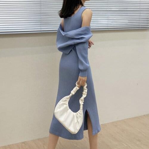 Korean Fashion Casual Knit 2 Piece Set Women Long Sleeve Cardigan Crop Top + Long Dress Sets Fall Two Piece Sweater Dress Suits
